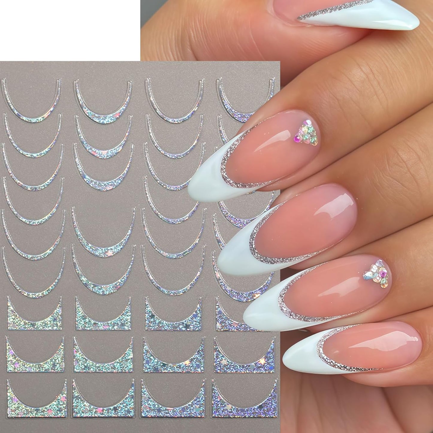 8 Sheets French Tip Nail Art Stickers 3D Self-Adhesive Gold Laser Stripes French Line Transfer Decals Curved Lines Nail Art Designs Glitter Guides Stripe Manicure Accessories for Women DIY Nail Decor