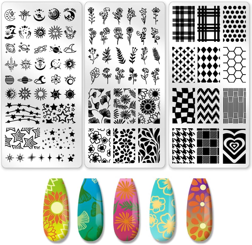 3Pcs Mix Design Nail Stamping Plate Flower Star Nail Stamping Templates French Line Tip Art Stamp Plates Sun Moon Stainless Steel DIY Reusable Tools for Manicure Printing