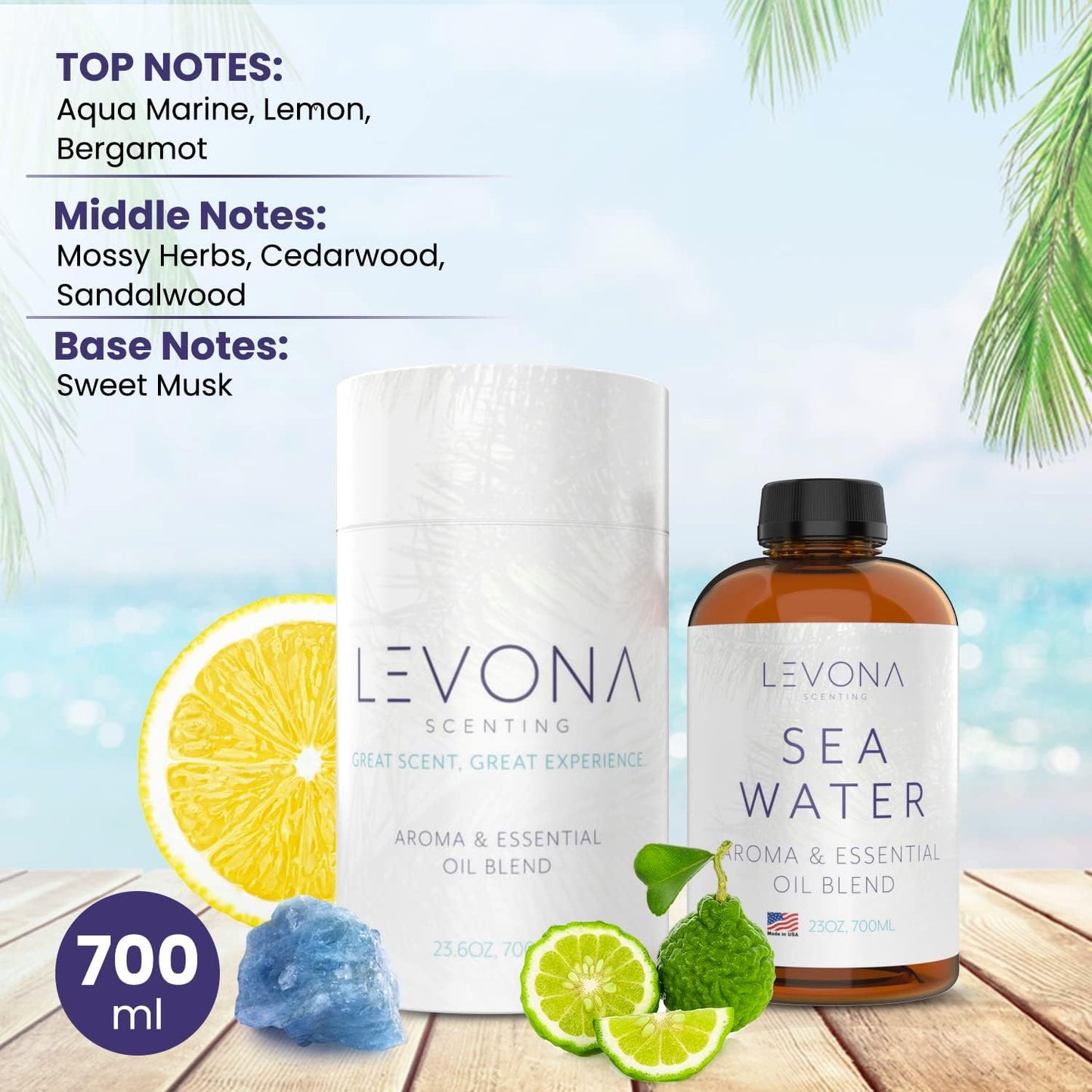 Levona Scent Sea Water Essential Oils for Diffuser for Home - Hotel and Home Luxury Scents - Fragrance Oil - Diffuser Oils Scents - Oil Diffuser Essential Oils for Humidifiers - 700Ml Aroma Oil Blend
