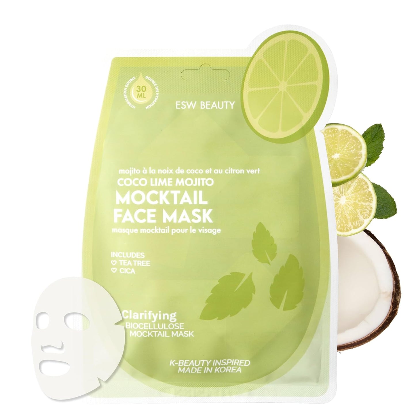 ESW Beauty Coco Lime Mojito Clarifying Face Mask - Hydrating, Revitalizing, Vegan Face Mask with Coconut Water, Lime & Tea Tree for Radiant Skin