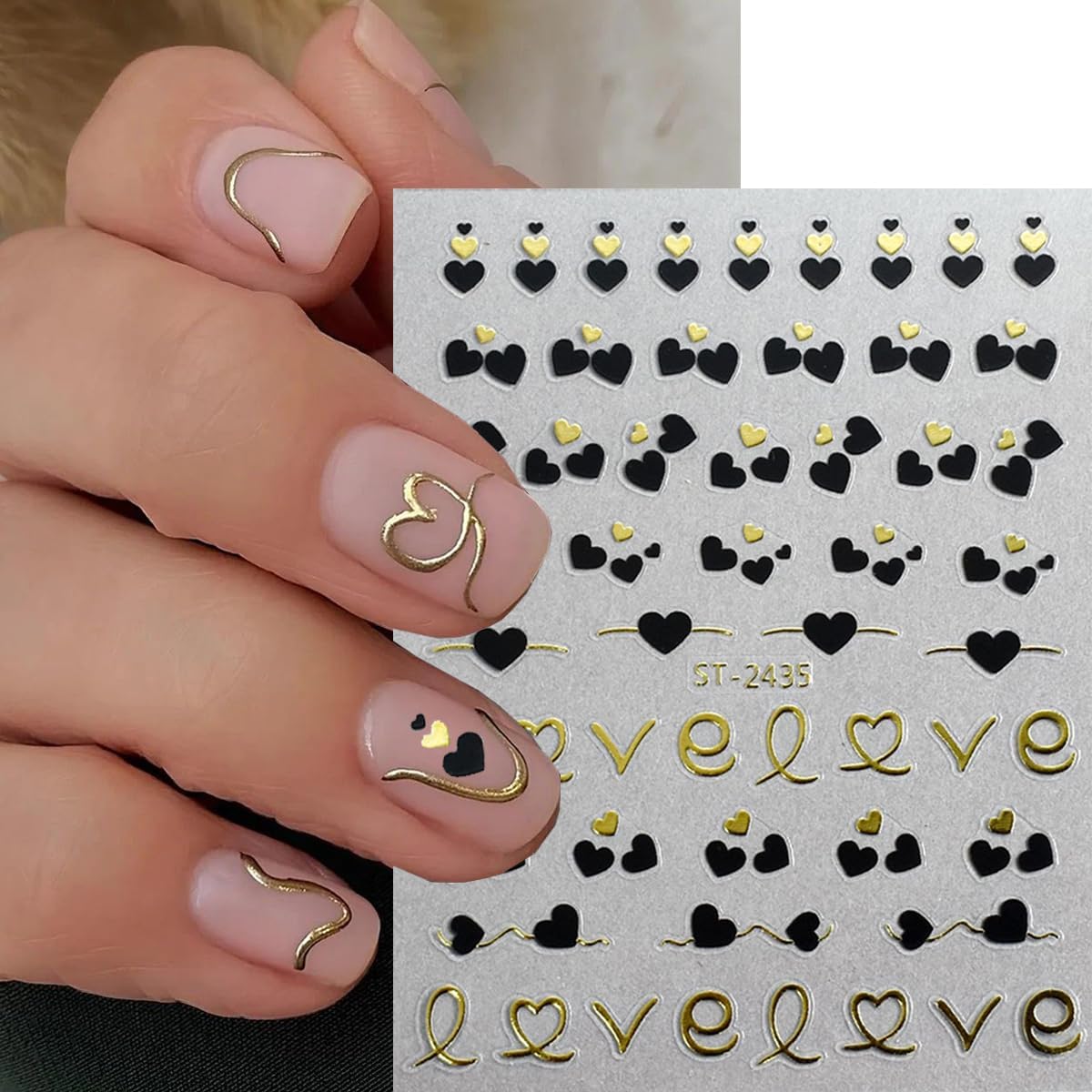 6Sheets Heart Nail Stickers French Tips Nail Art Stickers Letter Nail Decals Gold Black Bronzing Hollow Design 3D Self Adhesive Nail Sticker for Nail Art Decoration Salon Manicure Supplies for Women