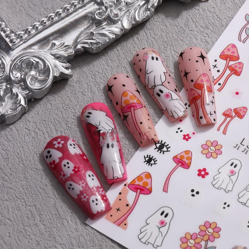 Halloween Nails Stickers Cute Ghost Nails Sticker 3D Embossed Pink Flowers White Ghost Self Adhesive Sticker Nail Decals Black Leaves Nail Art Decal Halloween Decals for Nail DIY Manicure 6Sheet