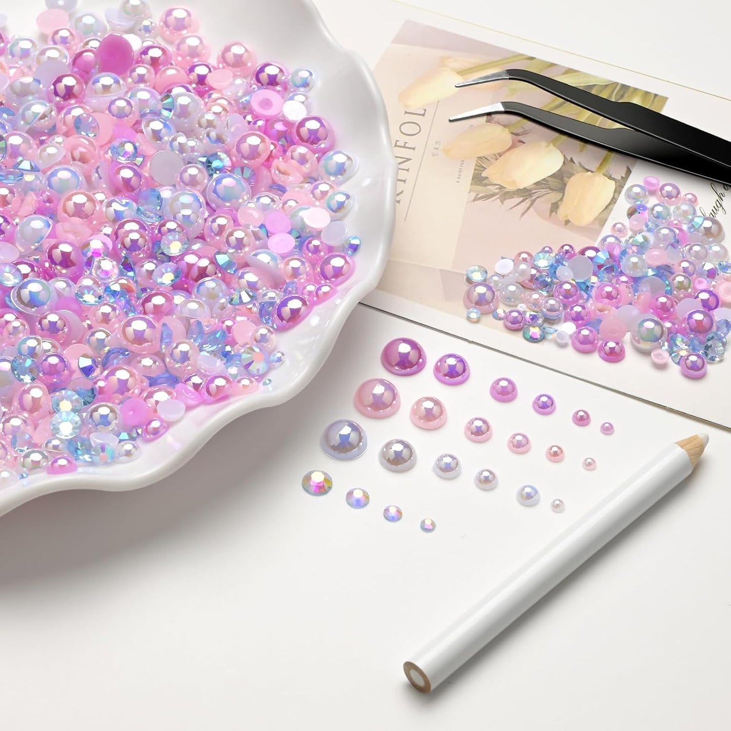 80g Mix Flatback Pearls and Rhinestones for Crafts Pink Purple Mixed Size 2mm-10mm Half Round Pearls Rhinestones for Nail Art Tumblers Shoes DIY Bedazzling with Tweezers Wax Pen