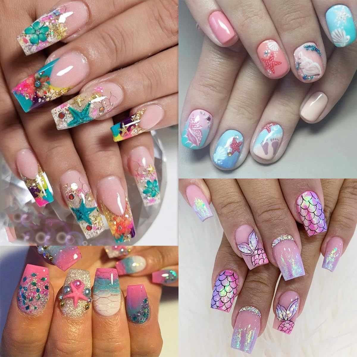 12Pcs Ocean Nail Art Stickers 3D Self Adhesive Summer Nail Stickers Holographic Colorful Shell Starfish Nail Decals Hippocampus Jellyfish Mermaid Cute Nail Art Design Decor Marine Life Nail Supplies