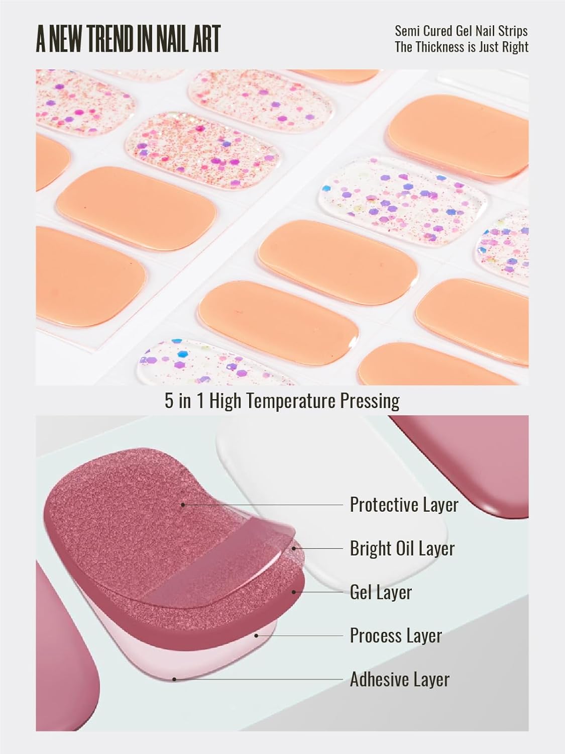 Semi Cured Gel Nail Strips, 30pcs Gel Nail Wraps, 2 Weeks Long Lasting