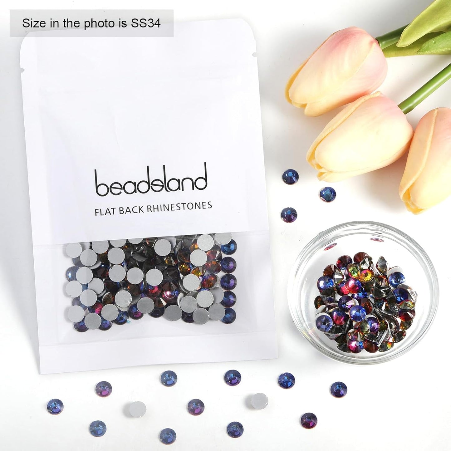 Beadsland 288pcs Flat Back Crystal Rhinestones Round Gems for Nail Art and Craft Glue Fix, Blue Volcano, SS34,7.1-7.3mm
