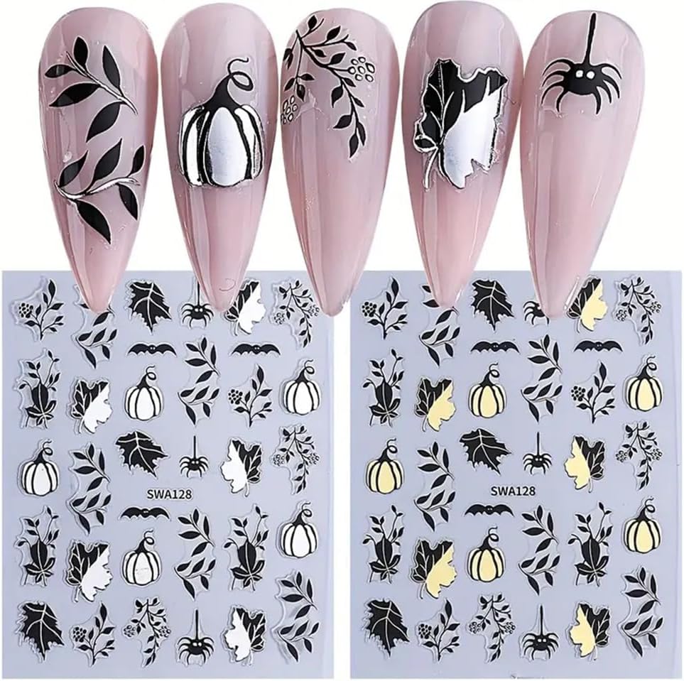 4 Sheets Halloween Nail Stickers Gold Pumpkin Leaves Bat Holiday Nail Designs 3D Self-Adhesive Spider Web Decals Black Leaf Nails Supplies for Women Girls DIY Manicure