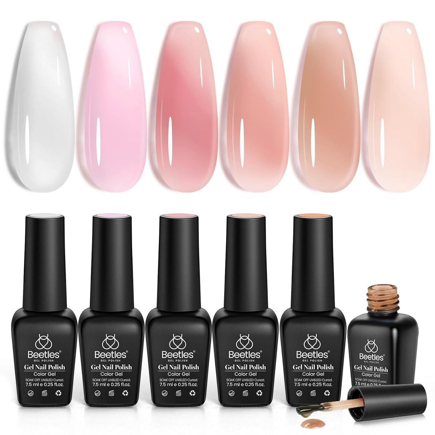 Beetles Jelly Gel Nail Polish Set, 6 Colors Nude Pink Gel Polish Kit Neutral Sheer Milky White Translucent Soak off UV French Nail Art Manicure Gift for Women Girls