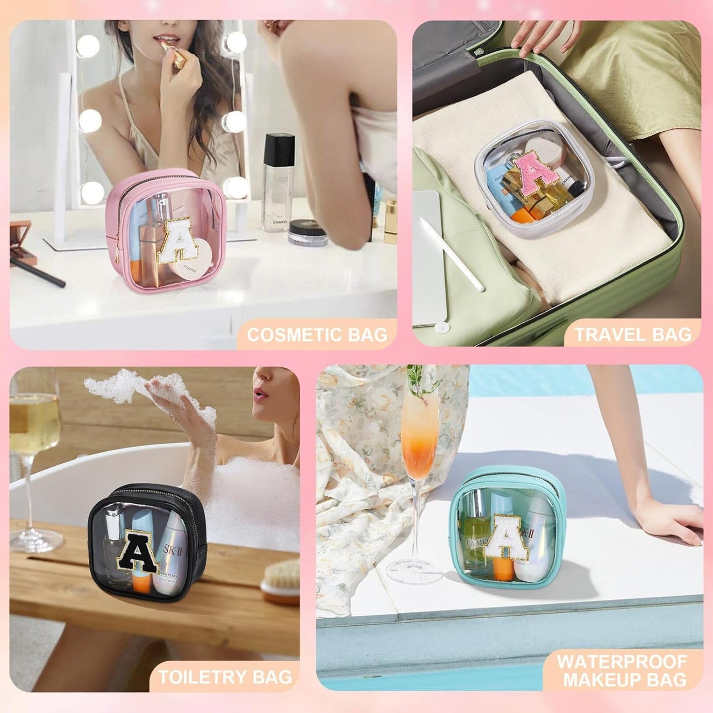 YOOLIFE Initial Make Up Bag Travel Toiletry Bag, Clear Makeup Bag Preppy Cosmetic Bags Organizer Travel Essentials Gifts for Women Teen Girlfriend Teacher Mom Birthday Mothers Day Gifts White T
