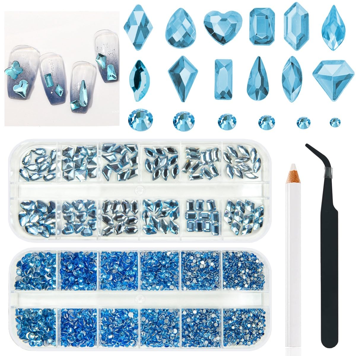 Light Blue Rhinestones for Nails Multi Shapes Crystal Flatback Rhinestones Gems Round Beads Glass Stones Diamonds Jewels w Wax Pen for Faces Eyes Makeup Crafts