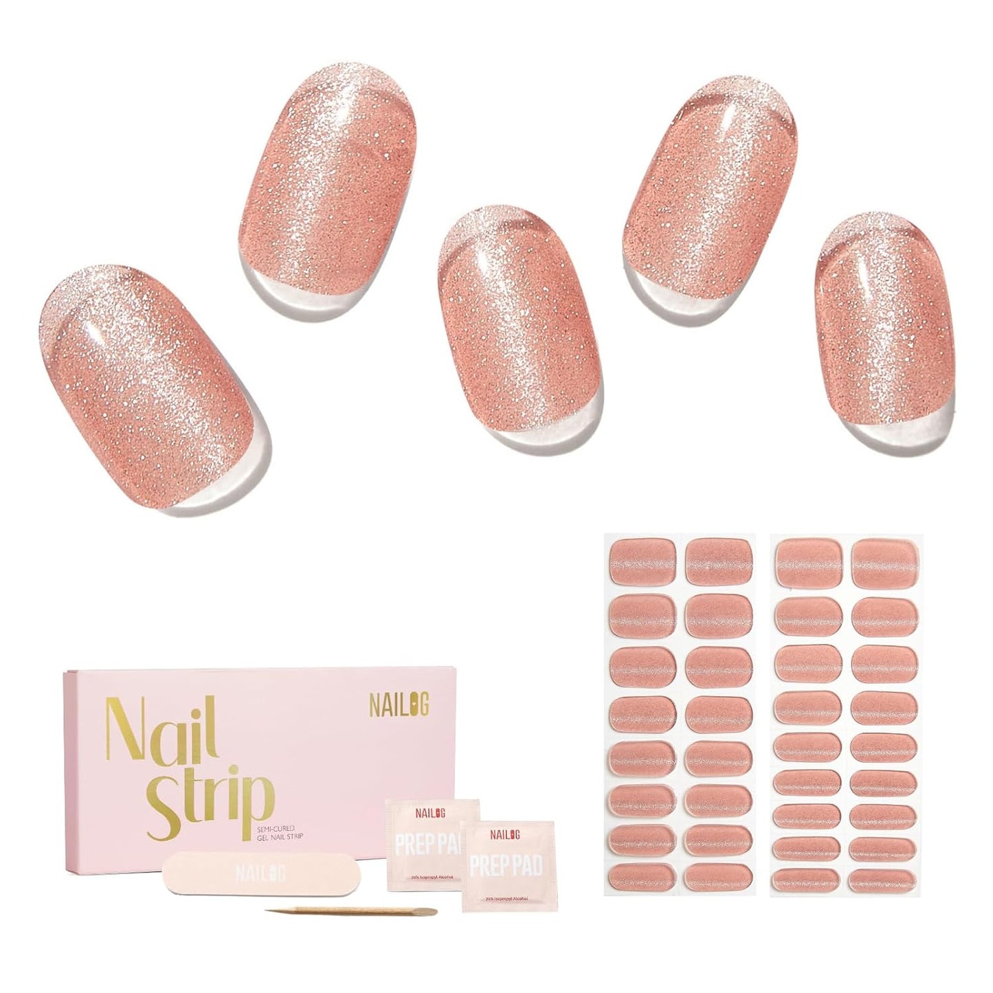 NAILOG Semi Cured Gel Nail Strips - 34 pcs | Buy 2 Get 1 UV Lamp | Long Lasting Nail Polish Sticker Wraps with Glossy Gel Finish, Pink Gleam