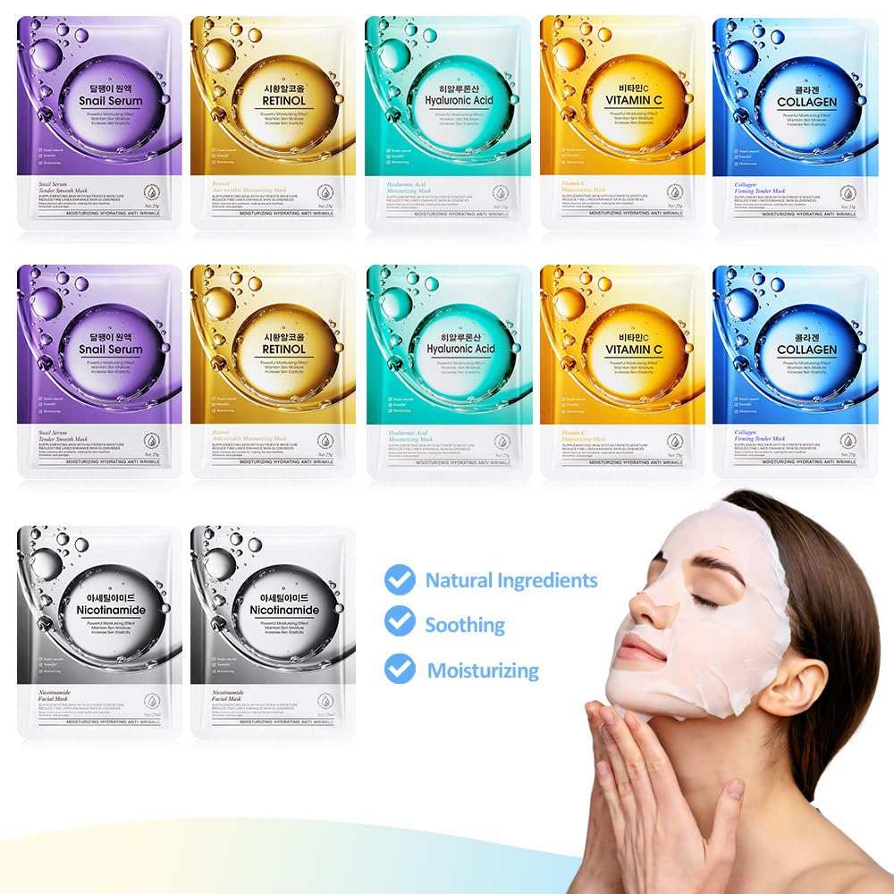 12 Pack Face Sheet Mask Skincare,Hydrating Face Mask For Sensitive Skin,Moisturize,Soothing,Nourish for All Skin Types,Natural Spa Party Facial Mask Skincare Set for Women Men Girls