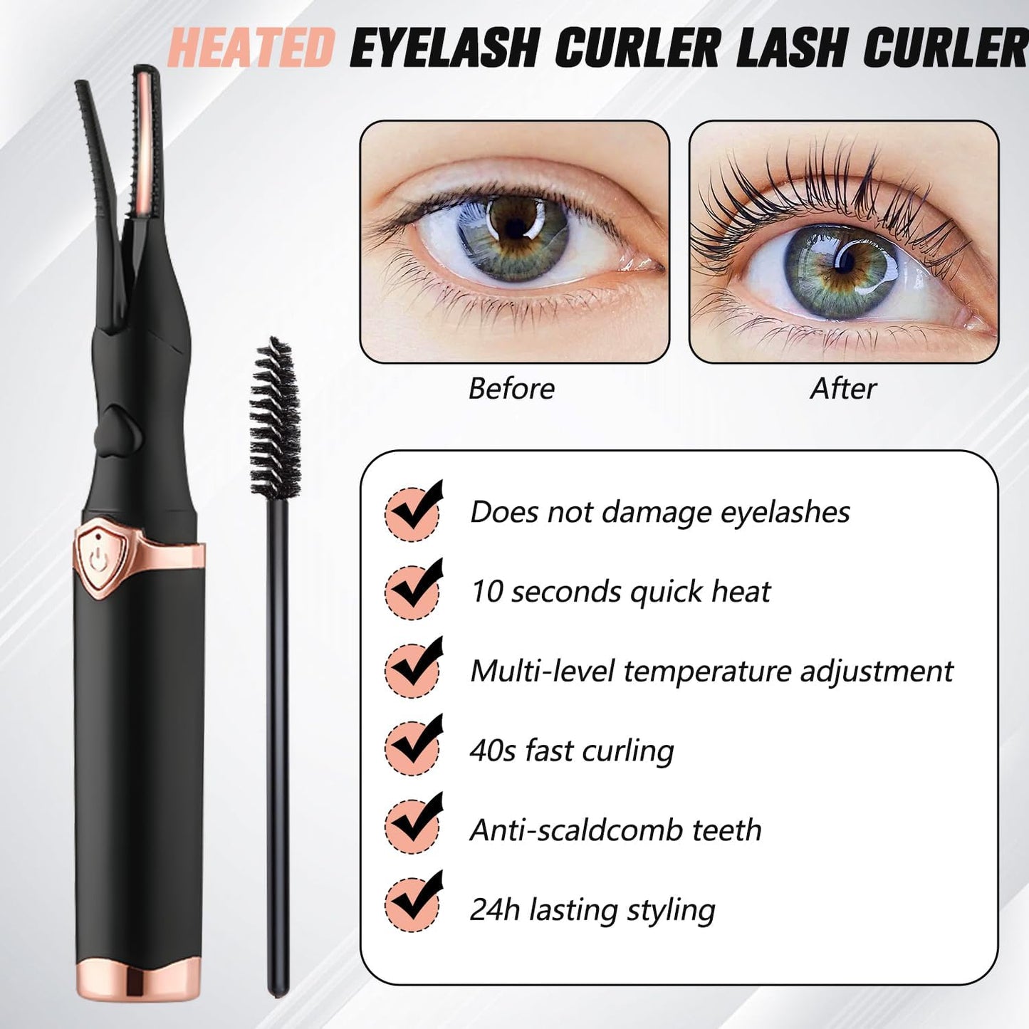Heated Eyelash Curler, Portable Eyelash Curler Eyelash, Mini Electric Eyelash Curler Rechargeable, Quick Curling Long-Lasting, Makeup Tools Gift for Women Girls (Black)