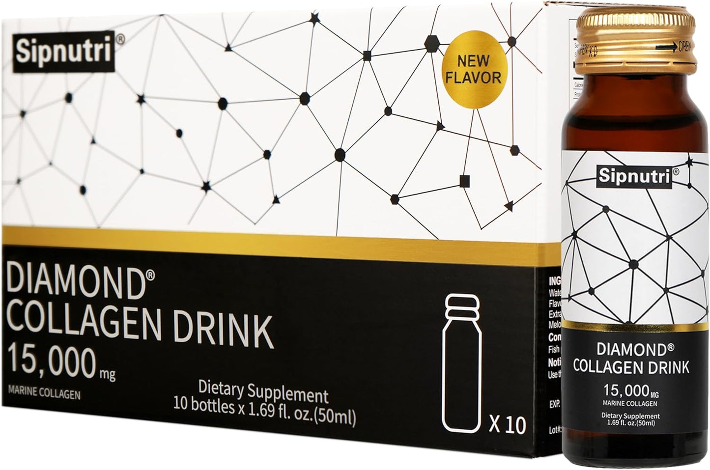 Diamond Liquid Collagen Drink, 15000 mg Hydrolyzed Marine Collagen Peptides with Vitamin C, Pomegranate, Healthy Hair Skin Nails Joints Bones Support, 50 ml x 10 Bottles