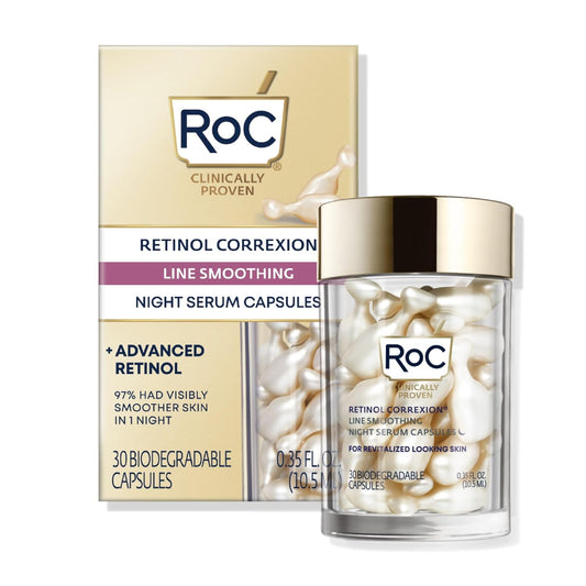 RoC Retinol Correxion Anti-Aging Wrinkle Night Serum, Retinol Serum for Face, Daily Treatment for Fine Lines, Post Acne Scars, 30 Capsules, Unscented, 0.35 Fl Oz