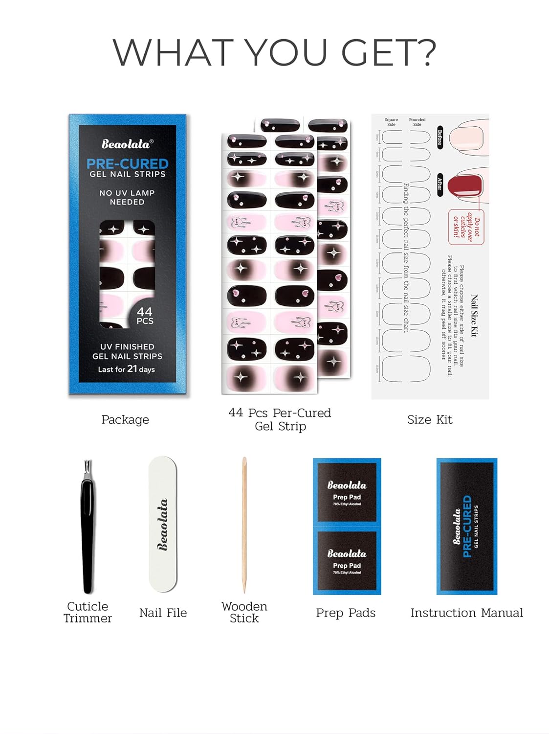 Pre Cured Gel Nail Strips - 44PCS Salon Quality Gel Nail Stickers - Long Lasting Polish Wraps for Women no UV Light Needed Easy Apply& Remove (Black Pulse)