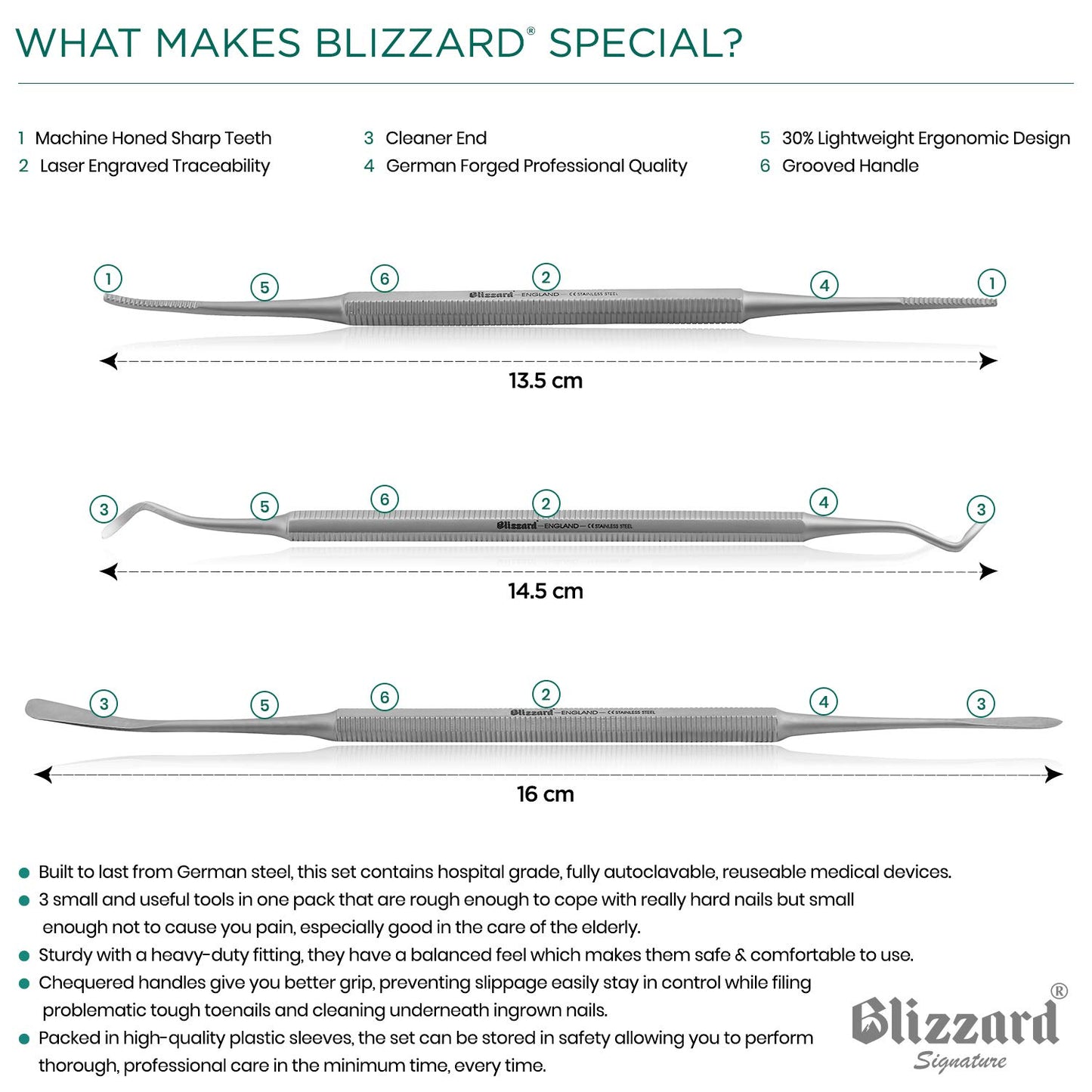 Ingrown Toenail File Set by Blizzard – 3 Piece Double-Ended Tool Kit with Blacks File, Nail Cleaner and Lifter for Cleaning and Care of Ingrown Toenails - Premium Stainless Steel