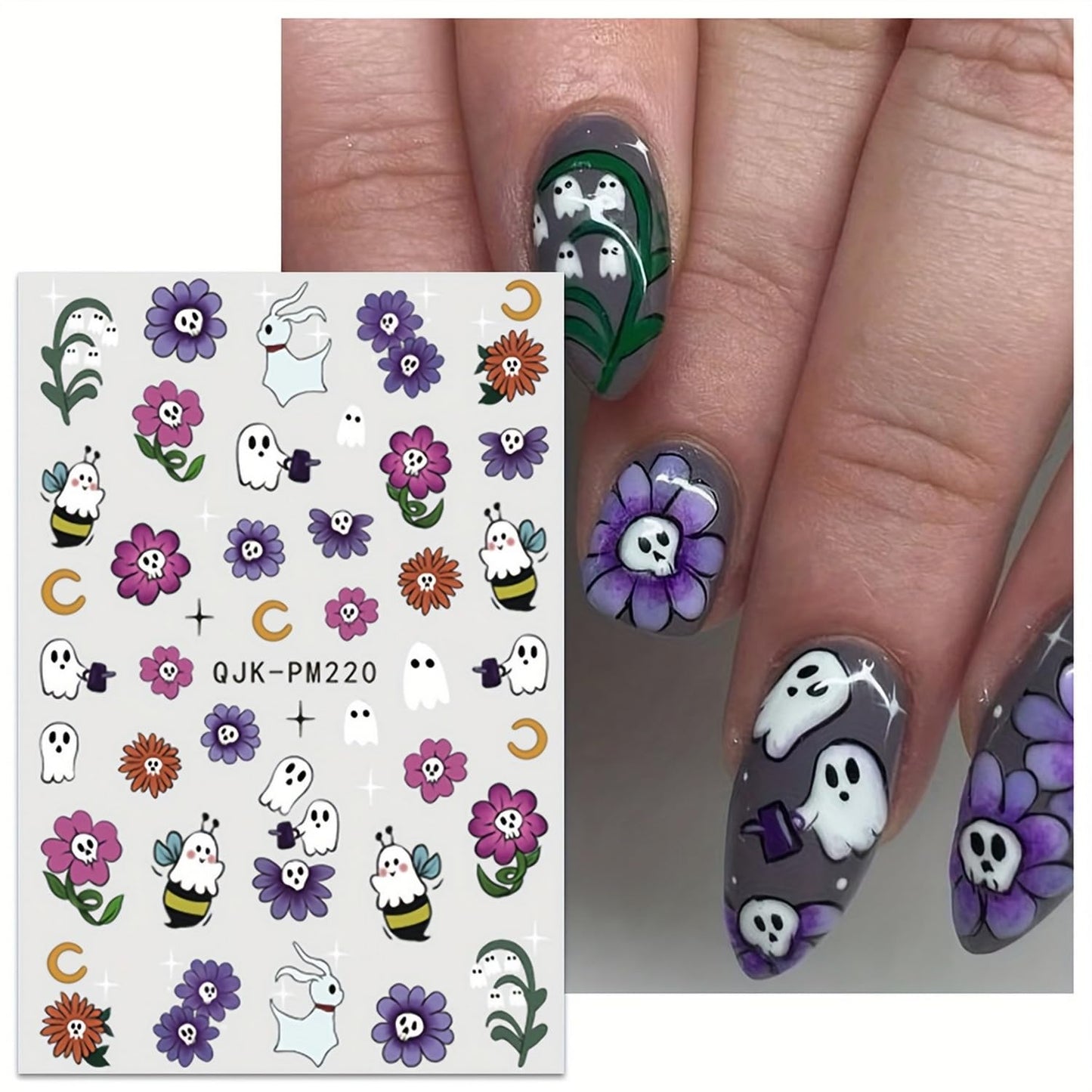 9 Sheets 3D Halloween Nail Art Stickers Self-Adhesive Cute Skull Pumpkin Bat Ghost Spider Designs Cartoon DIY Flowers Nail Art Stickers Decals Halloween Nail Supplies for Women Nails Art Decoration