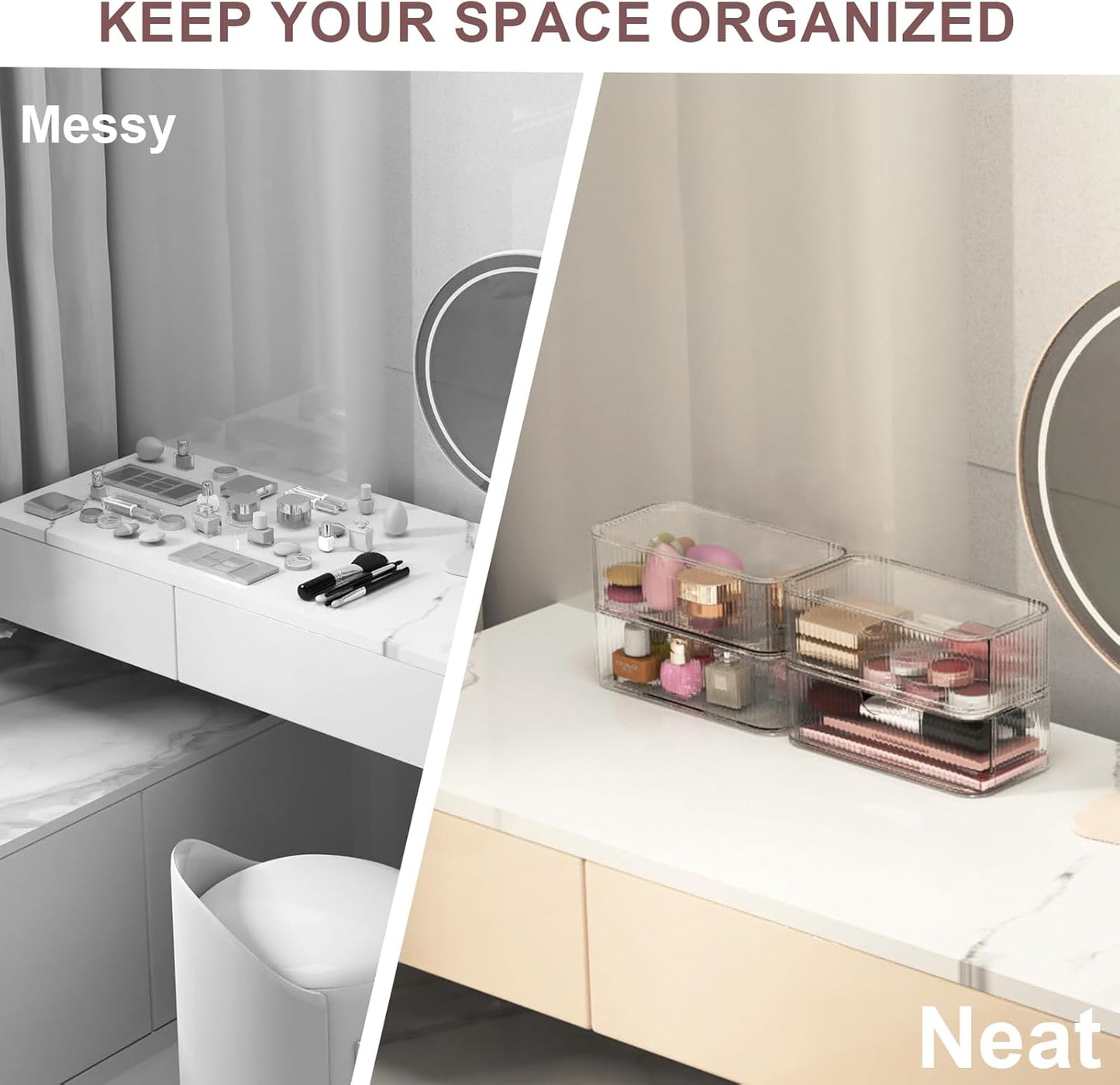 4 Pack Stackable Storage Drawers, Clear Acrylic Makeup Organizer for Vanity, Plastic Storage Bins, Multi-Purpose Cosmetic Display Organizers for Jewelry, Bathroom, Office, Pantry, Home Organization