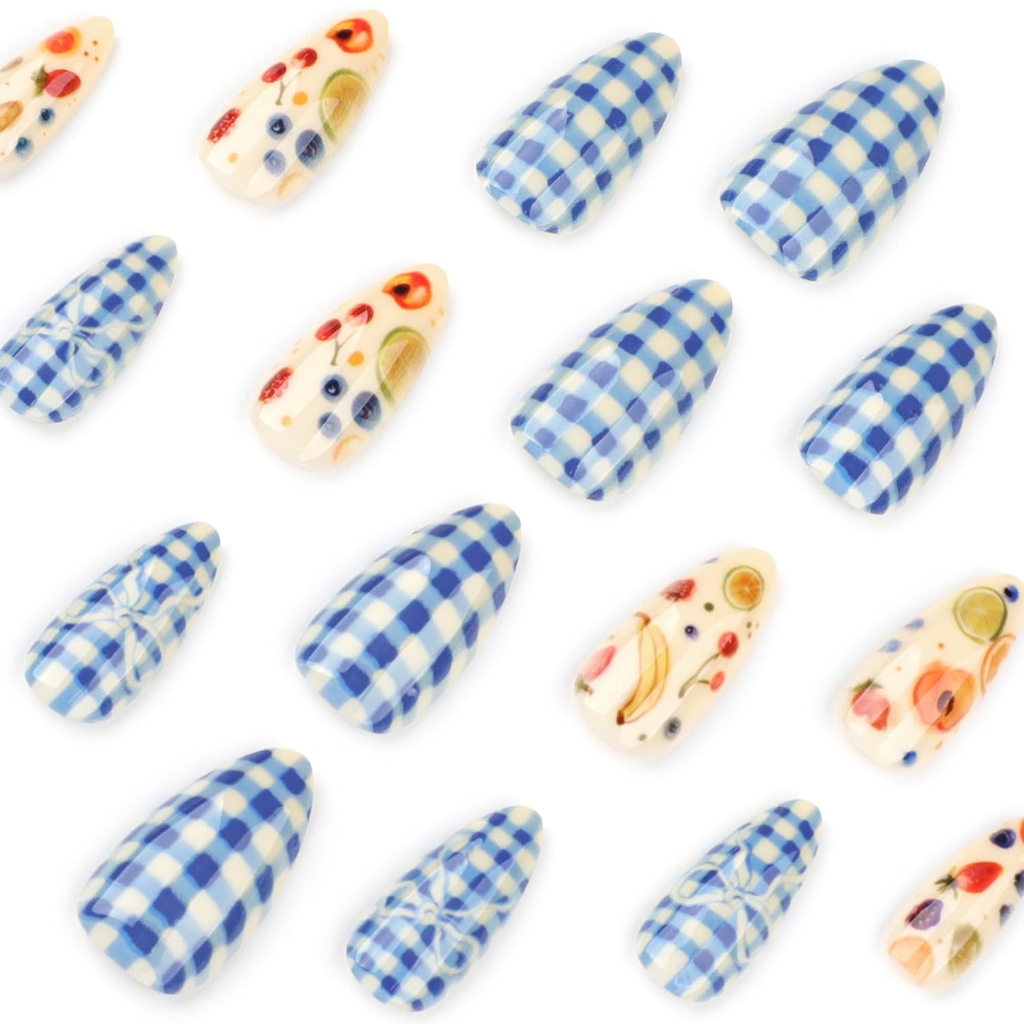 Summer Fall Picnic Press On Nails Short – Almond Cute Fake Nails with Fruit and Blue Gingham Design, Colorful Summer Nails Press Ons, Glossy Glue On Nails Kit for Women, Fruit Part, 24Pcs