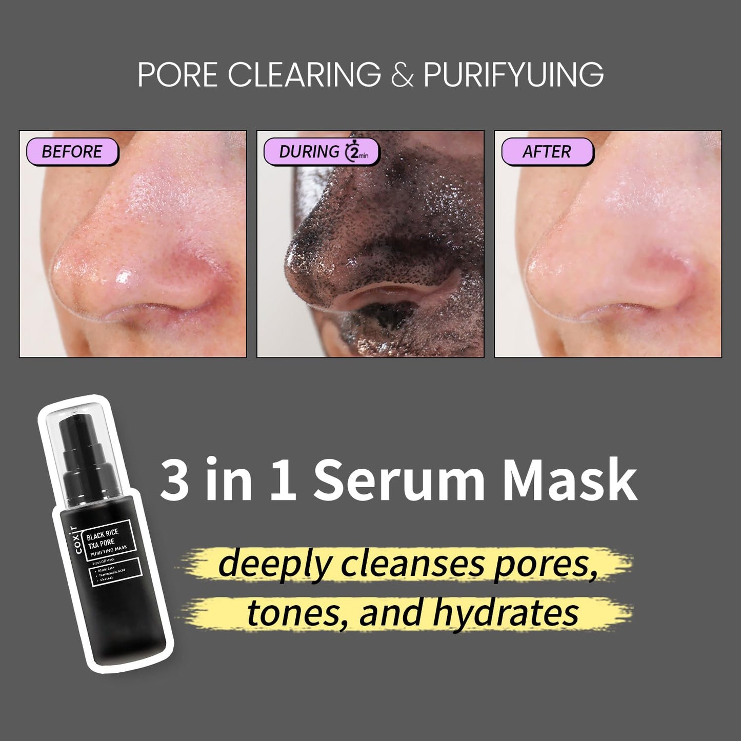 Coxir TXA Black Rice Pore Mask – Korean 3-in-1 Wash-Off Mask Serum with Tranexamic Acid | Pore Purifying, Blackhead Care, Skin Toning | Hydrating Mask Treatment [50ml/1.69 fl.oz]