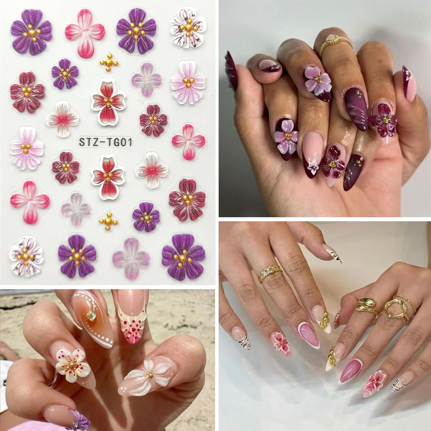 Flower Nail Art Stickers Decals 5D Embossed Nail Decals Spring Summer Pink Purple Nails Design Self-Adhesive Supplies Accessories 3D Flower for Women Nails DIY Decoration(5 Sheets)