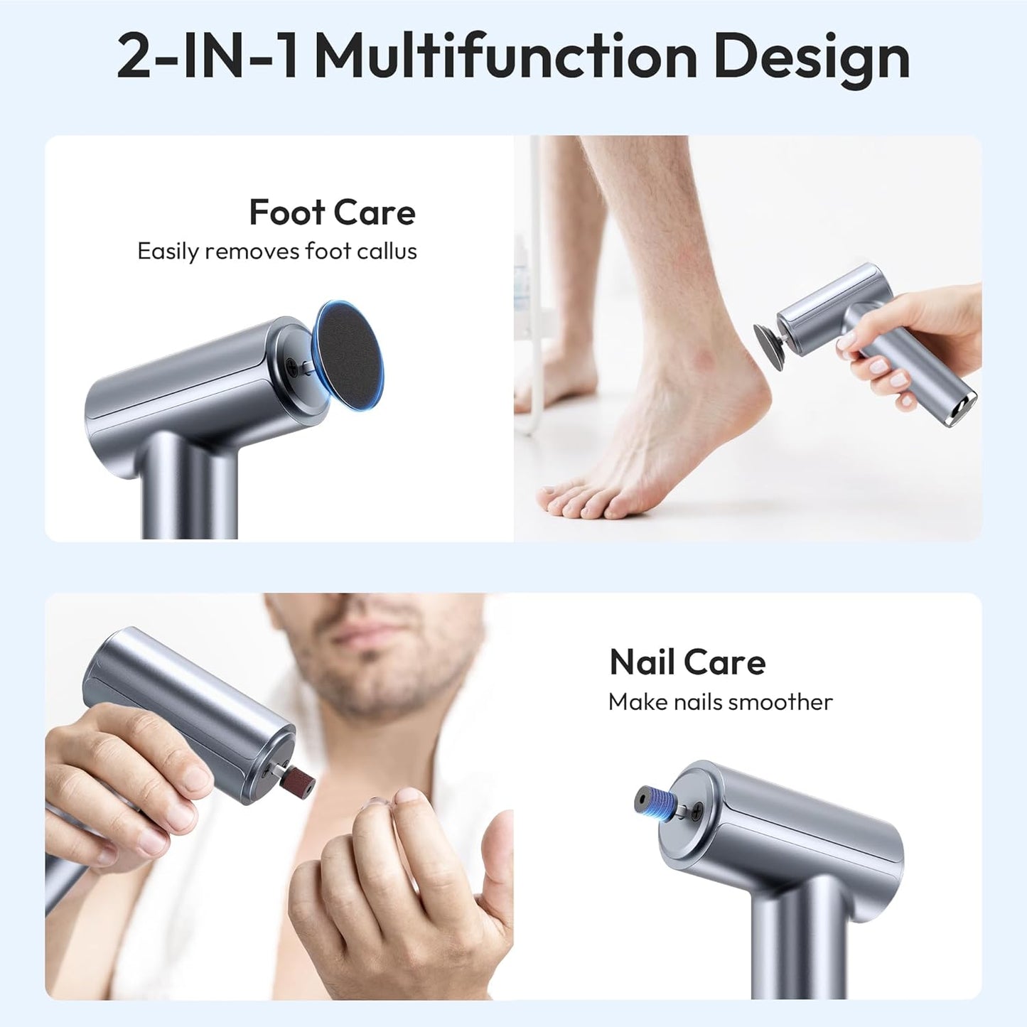 Electric Foot Callus Remover, 2-in-1 Rechargeable Portable Electric Foot File with 70pcs Sandpaper, Professional Pedicure Tools for Dead Skin, Hard Cracked, Dry Skin - Grey&Blue
