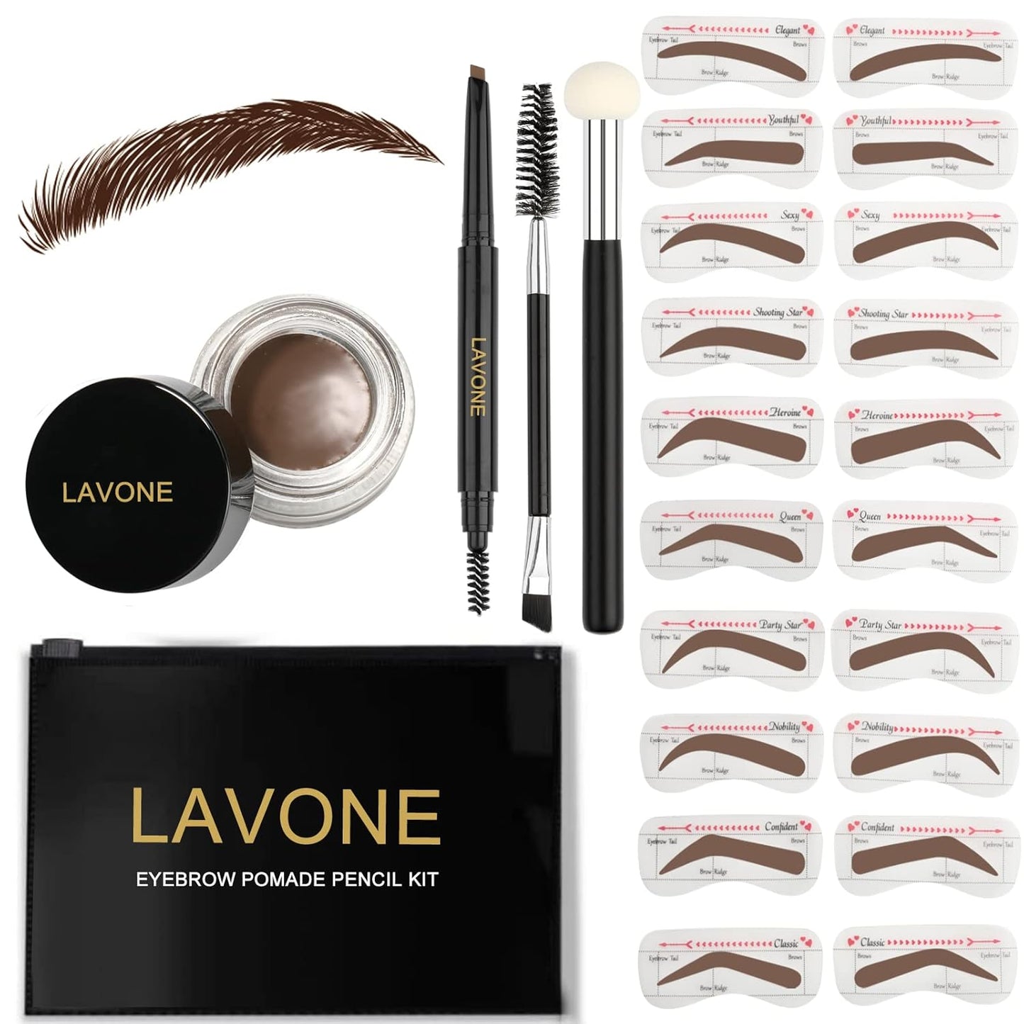 Eyebrow Stamp Stencil Kit ,Brow Stamp Trio Kit with Waterproof Eyebrow Pencil, Eyebrow Pomade, 20 Eyebrow Stencils, Dual-ended Eyebrow Brush and Sponge Applicator - Dark Brown