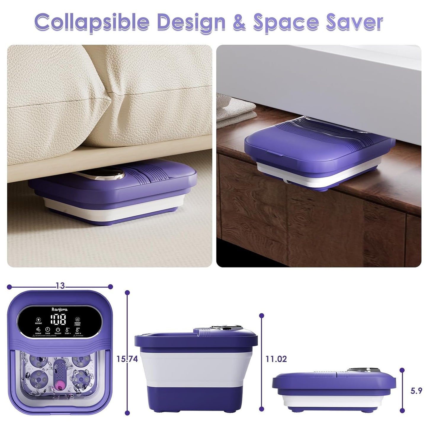 Foot Spa Electric Rotary Massage, Collapsible Foot Bath with Heat, Bubble,Temp Control, and 24 Motorized Shiatsu Massage Balls, Pedicure Foot Spa for Feet Relaxation (Blue)