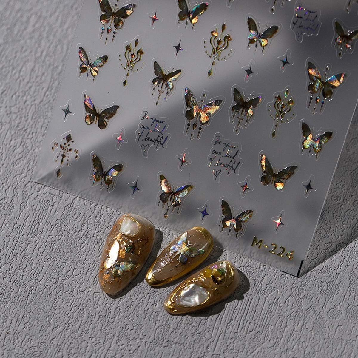 Butterfly Nail Art Stickers 5D Embossed Jelly Nail Decals Aurora Gold Butterfly Nail Stickers Self Adhesive Butterflies Nails Supplies for Women Girls Manicure Decoration 1Sheet