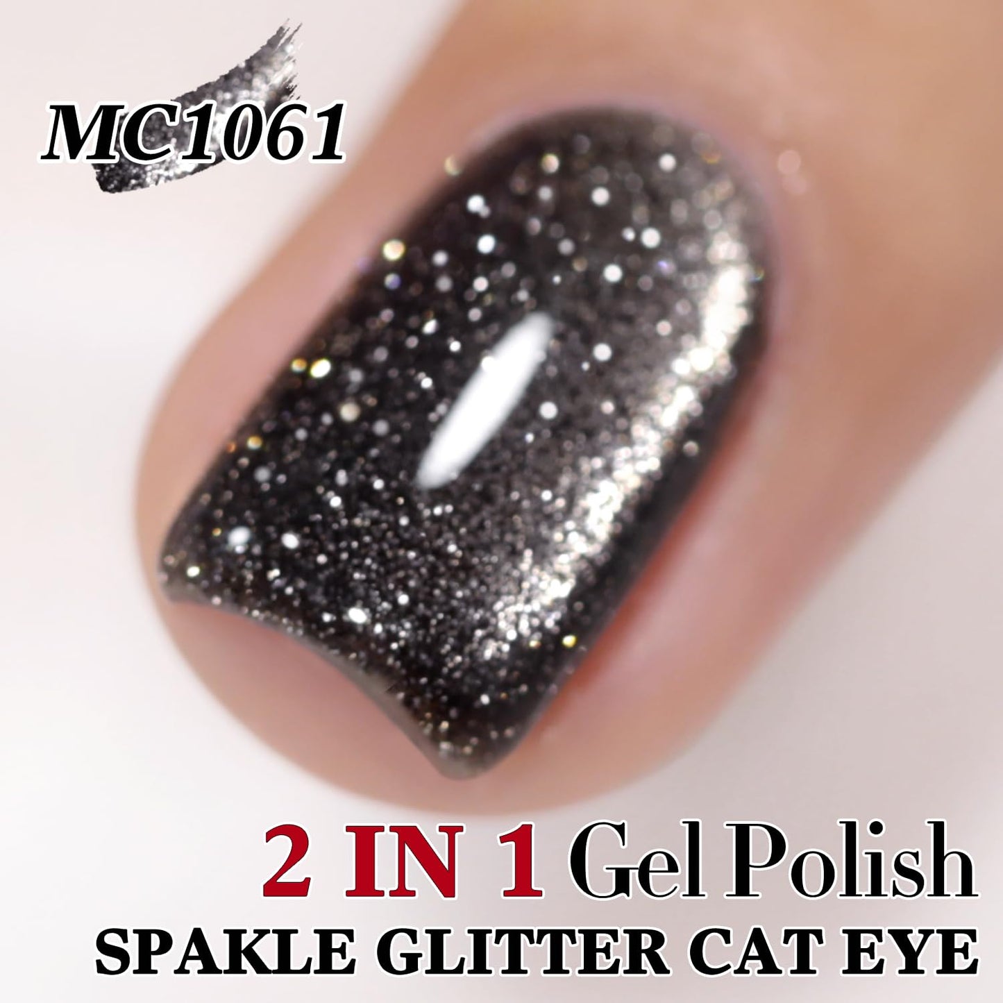 Double Rhythm Jelly Glass Cat Eye Gel Polish with Magnet 15ML Holographic Glitter Shimmer Translucent Sheer Color Magnetic Nail Polish Salon DIY at Home (Black Glitter-MC1061)