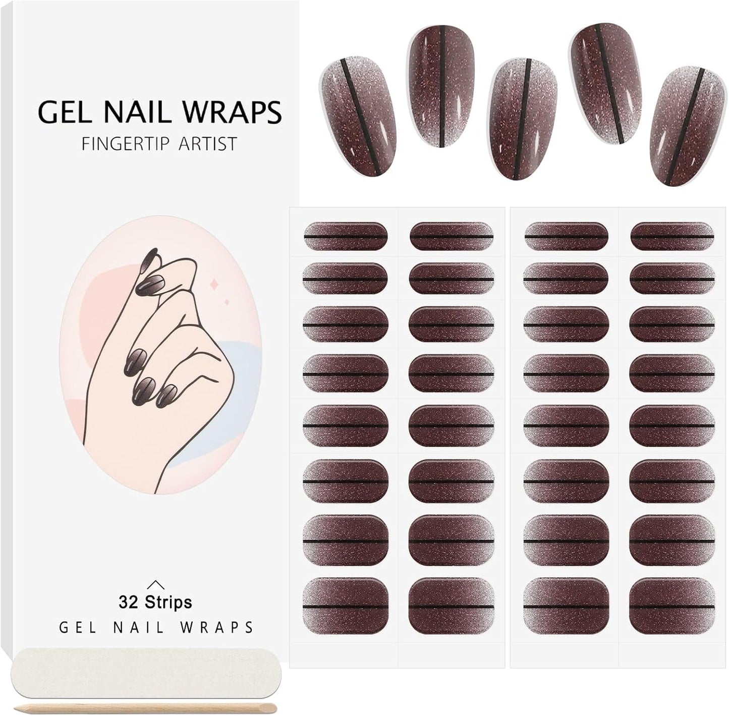 EBANKU 32PCS Semi-Cured Gel Nail Strips, Black, French Style, Plastic Material, UV/LED Curing, Nail Stickers