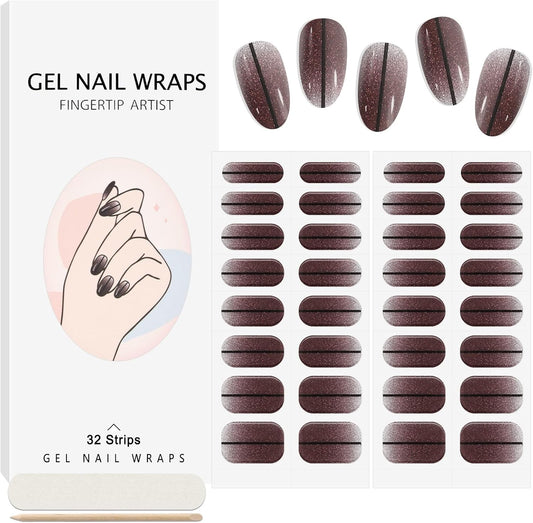 EBANKU 32PCS Semi-Cured Gel Nail Strips, Black, French Style, Plastic Material, UV/LED Curing, Nail Stickers