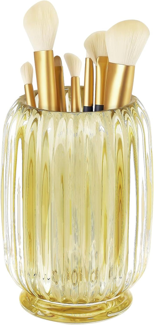 Makeup Brush Holder, Thick Glass Makeup Brush Organizer Cup, 4.8" Tall for Vanity Hair Brush Holder Brushes Storage, Makeup Brush Holder Organizer organizador de brochas de maquillaje Crystal Amber