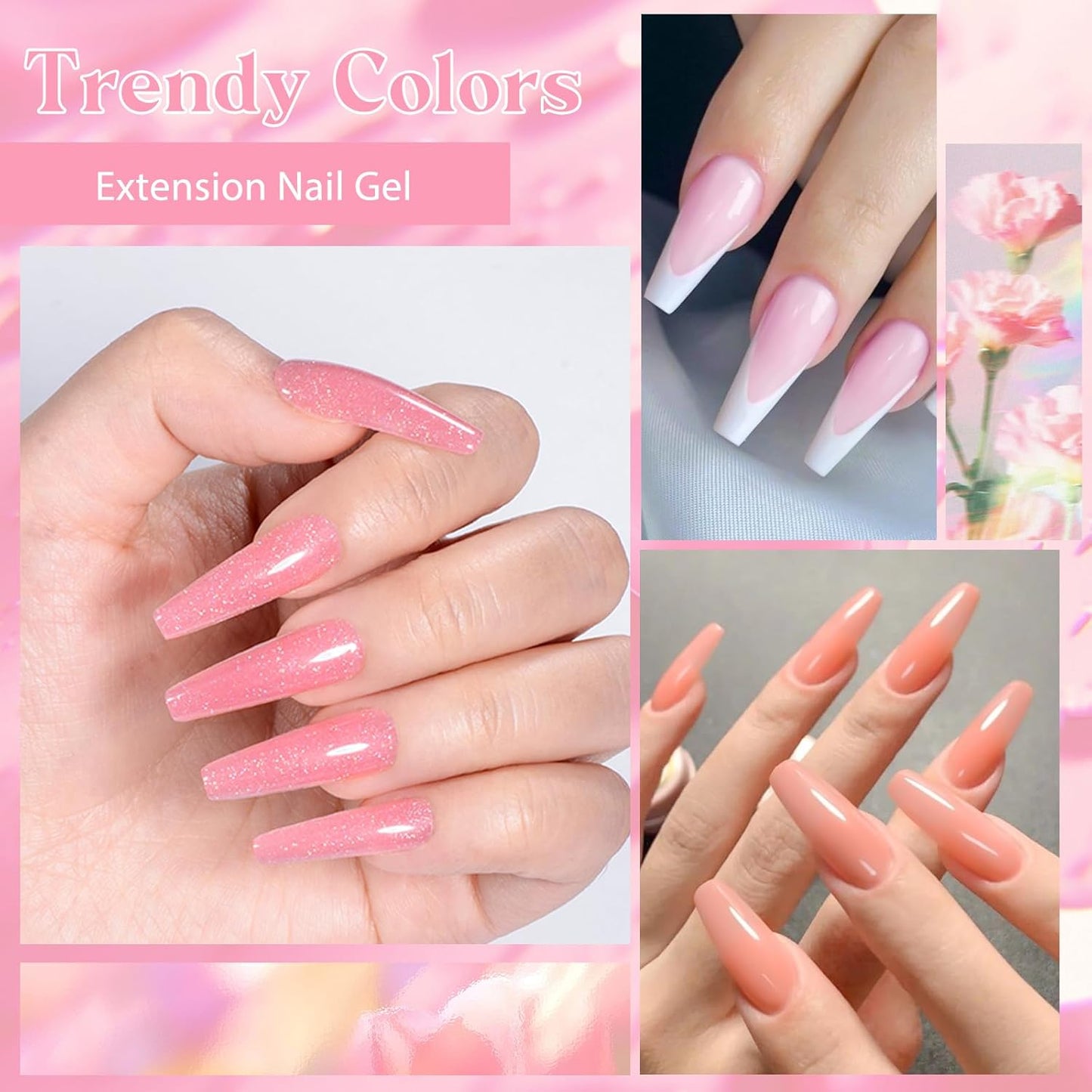 MEET ACROSS Poly Extension Gel Kit - 6 Colors All Season Nude Glitter Pink Sheer Poly Nail Gel Kit Strong Builder for Nail Art Extension Builder Gel Home Nail Salon Gift for Women