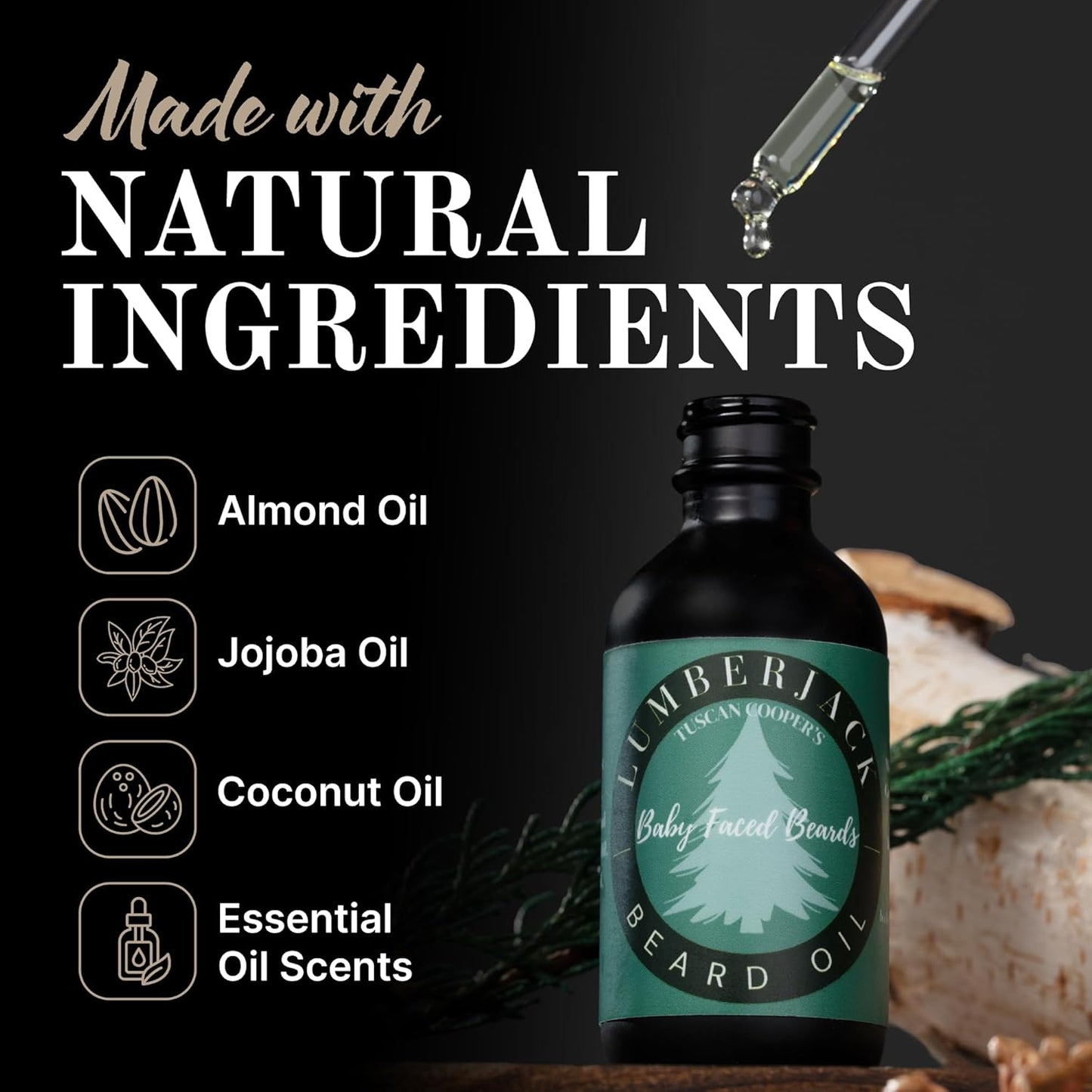 Tuscan Cooper's Baby Faced Beards Oil for Men - Hydrating, Nourishing, Natural Beard Softener and Conditioner for All Hair Types. Coconut, Jojoba, and Sweet Almond Moisture - Lumberjack Scent