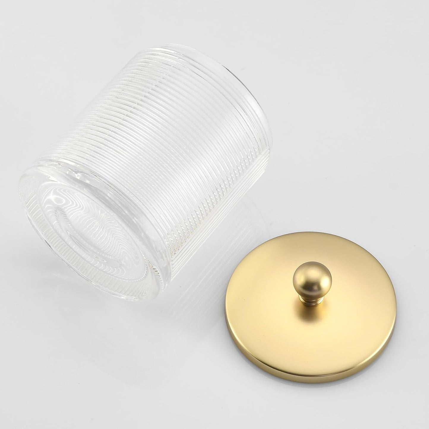 Glass Cotton Jar Holder Matte Gold Lid, Elegant Bathroom Storage Canister for Qtips, Cotton Balls, Floss, Makeup Organizer, Vanity Bathroom Organization