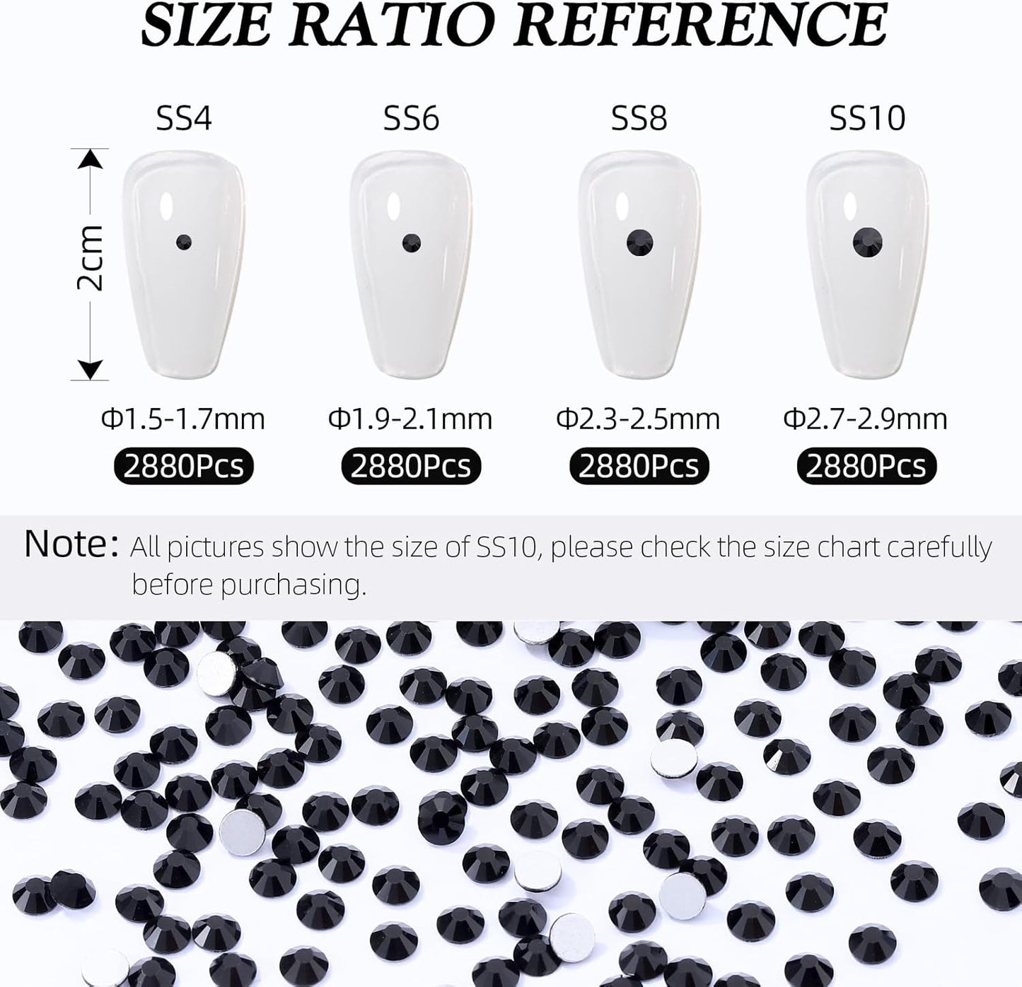 Black Flatback Rhinestones, Glass Rhinestones for Nail Art and Craft, Glue Fix, Loose Crystal Gemstones(Black, SS6, 2880pcs, 1.9-2.0mm)