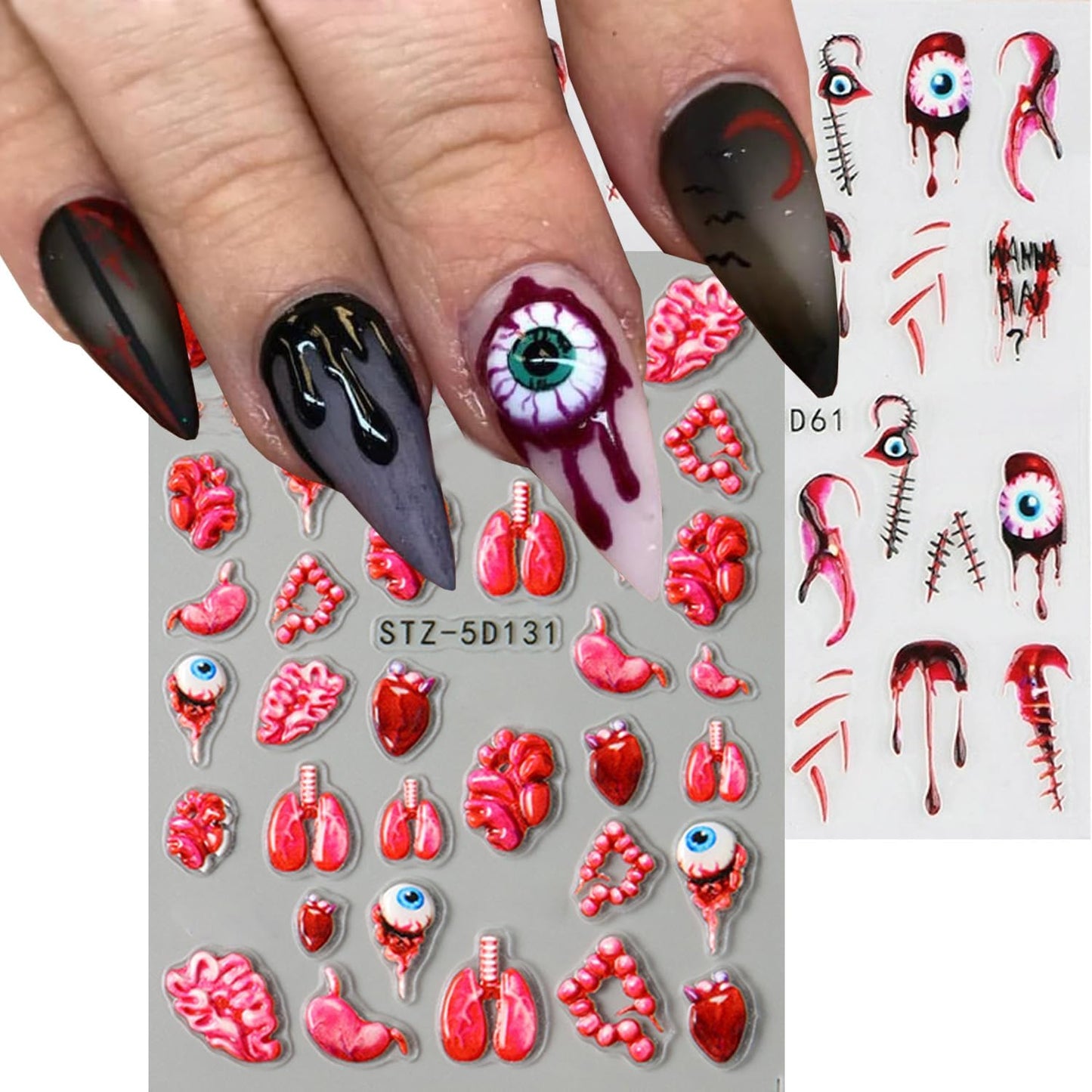 2 Sheets Halloween Horror Nail Art Stickers 5D Embossed Blood Eyes Wounds Pattern Nail Stickers Gothic Horror Day of Death Design Nail Sticker for Women Holiday DIY Manicure Decoration