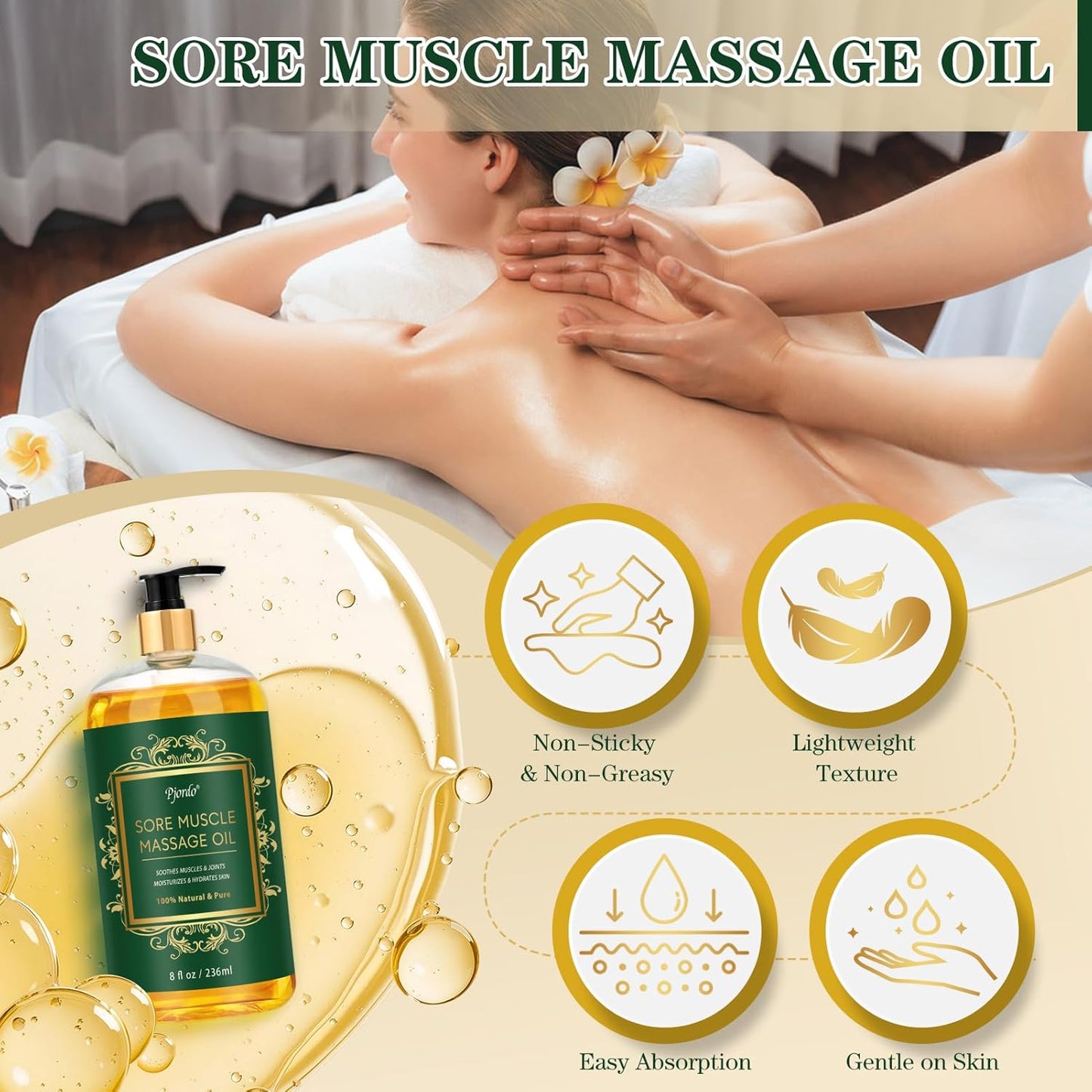 Sore Muscle Massage Oil for Massage Therapy, 8 FL OZ Natural Body Massage Oil with Lavender Oil, Arnica & Chamomile Extract, Soothes Muscle and Joint for Professional & Home Use