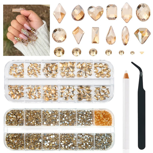 4080Pcs Gold Nail Rhinestones, More Quantity 1.5-4mm Mini Flatback K9 Glass Crystal & 3D Multi Shapes Gems, Champagne Gold Gems Round Stones Diamonds jewels Gemstones for Nail Face Eyes Makeup