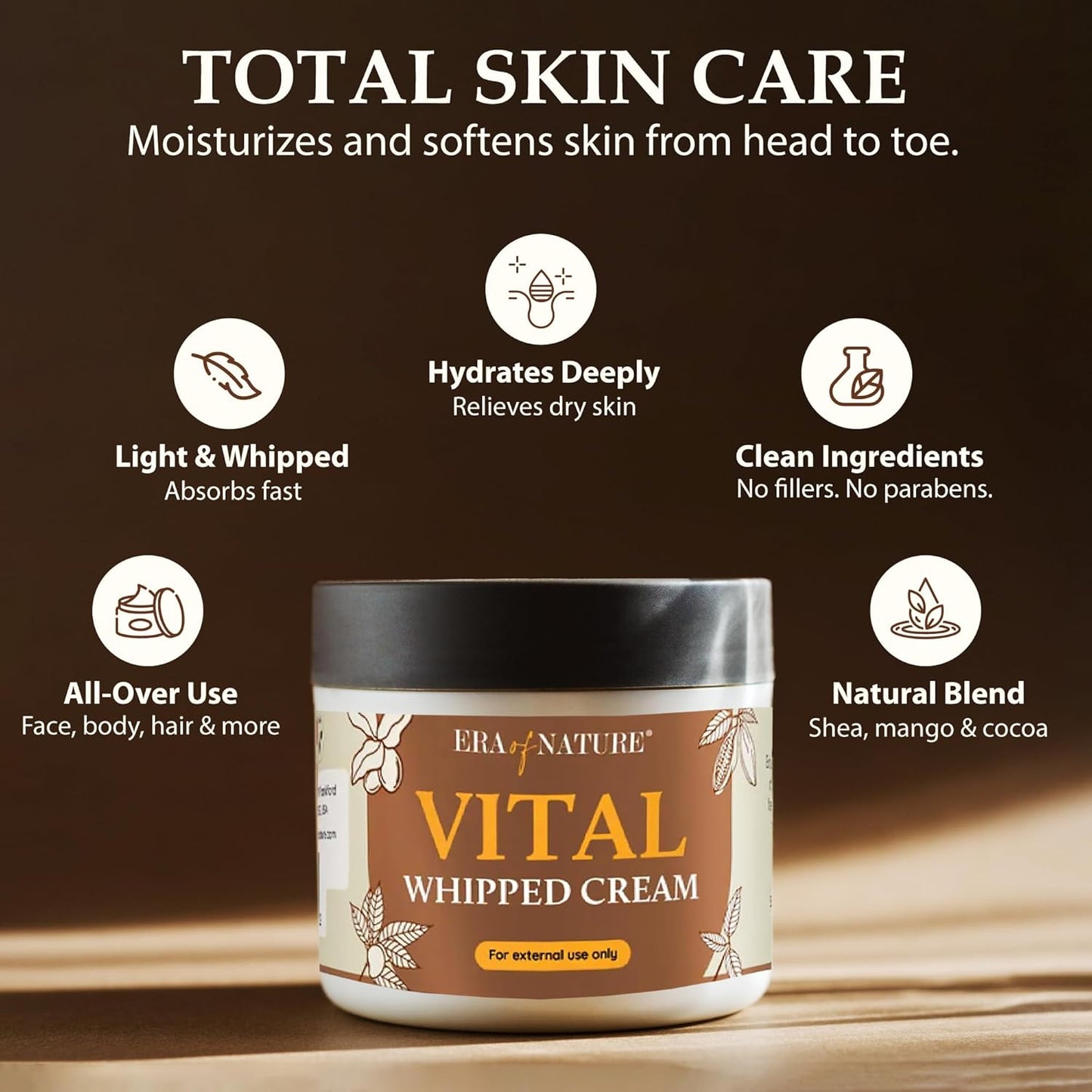 era of nature Shea Butter, Mango & Cocoa Blend Vital Whipped Body Cream for Women 8oz - Lightweight Whipped Lotion - Non-Greasy Body Butter Cream Lotion & Balm Moisturizer for Face, Hair & Dry Skin