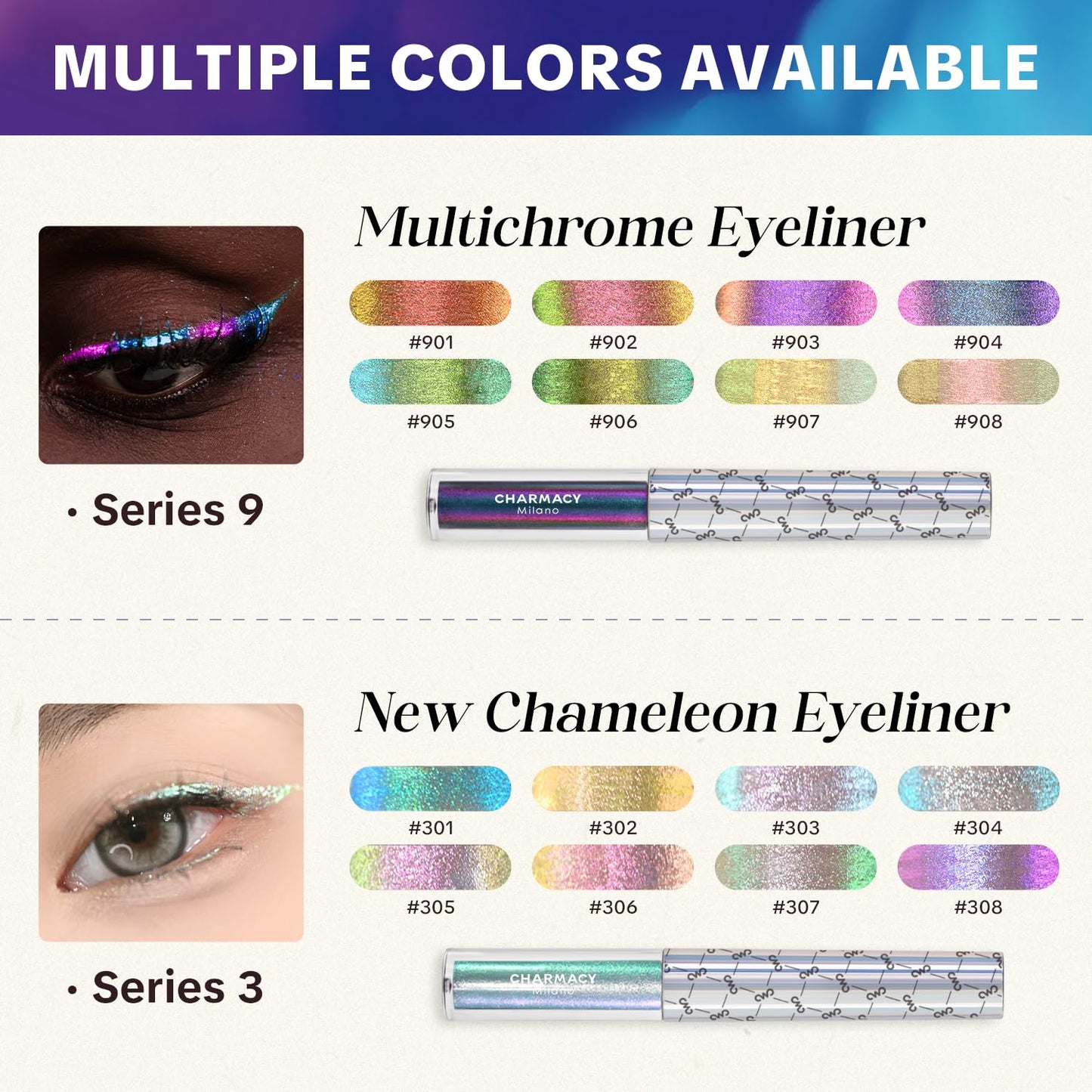 CHARMACY Chameleon Liquid Eyeliner, Liquid Glitter Eyeliner, Highly Pigmented, Metallic MultiColor Shifting waterproof Eyeliner, Ultra-Fine Tip, Longwearing, Smudge-proof (#307)