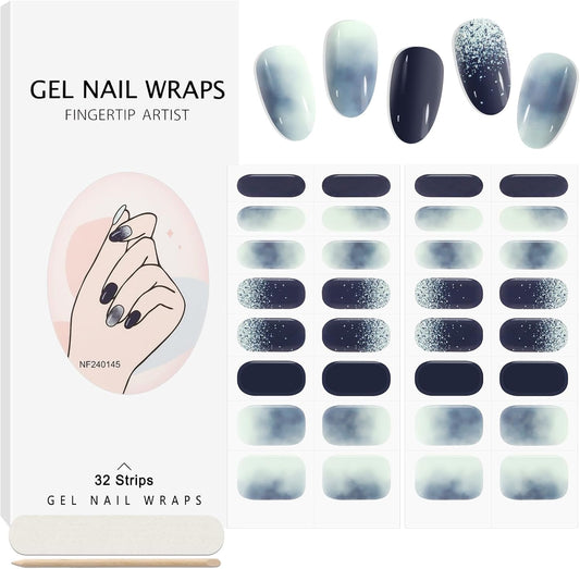 EBANKU 32PCS Semi-Cured Gel Nail Wraps Full Nail Polish Wraps Shiny Nail Decors UV/LED Lamp Required (Marble Blue)
