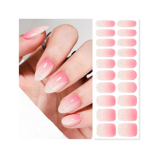 Semi Cured Gel Nail Strips | Built-In Gel Top Coat | UV Light Required | Salon Quality, Easy Application And Removal (Pink Shimmer Ombre)