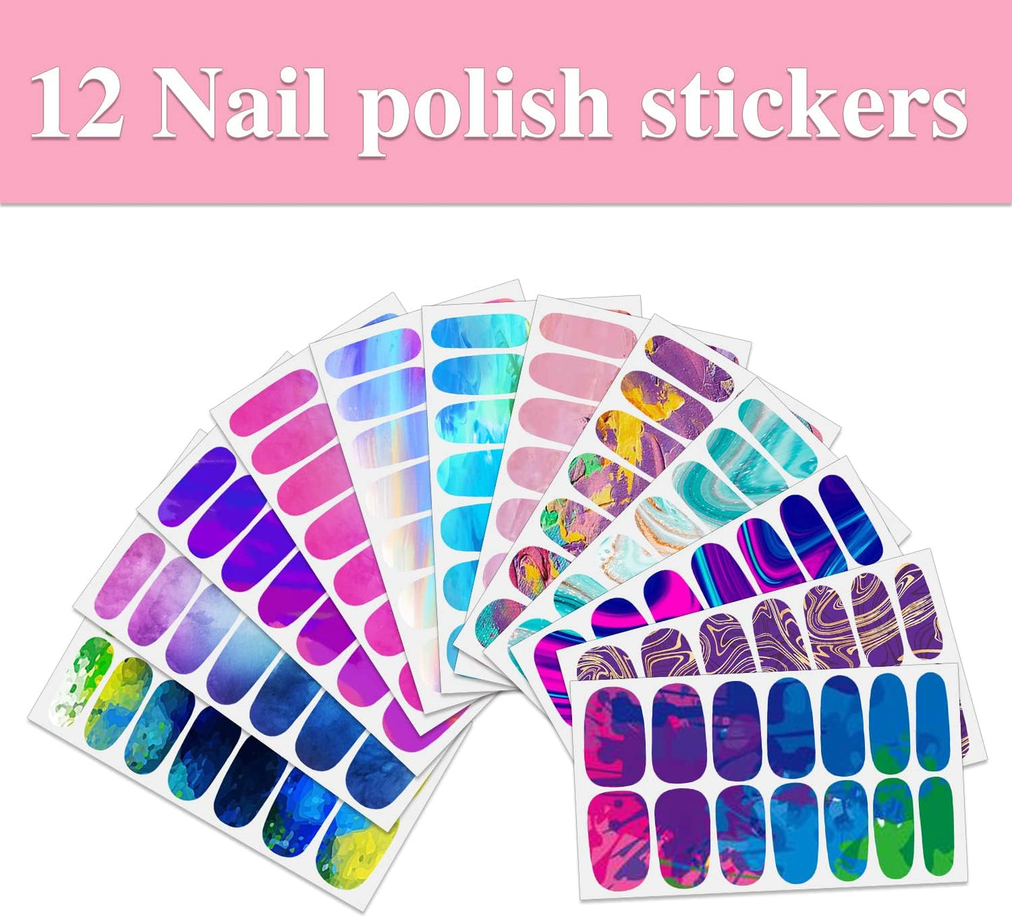 WOKOTO 12 Sheets Colorful Gradient Full Nail Polish Stickers False Nail Design Stickers Full Nail Wraps for Women Girls Macaron Colors Graffiti Nail Stickers for Nails Stick On Nail Polish Strips