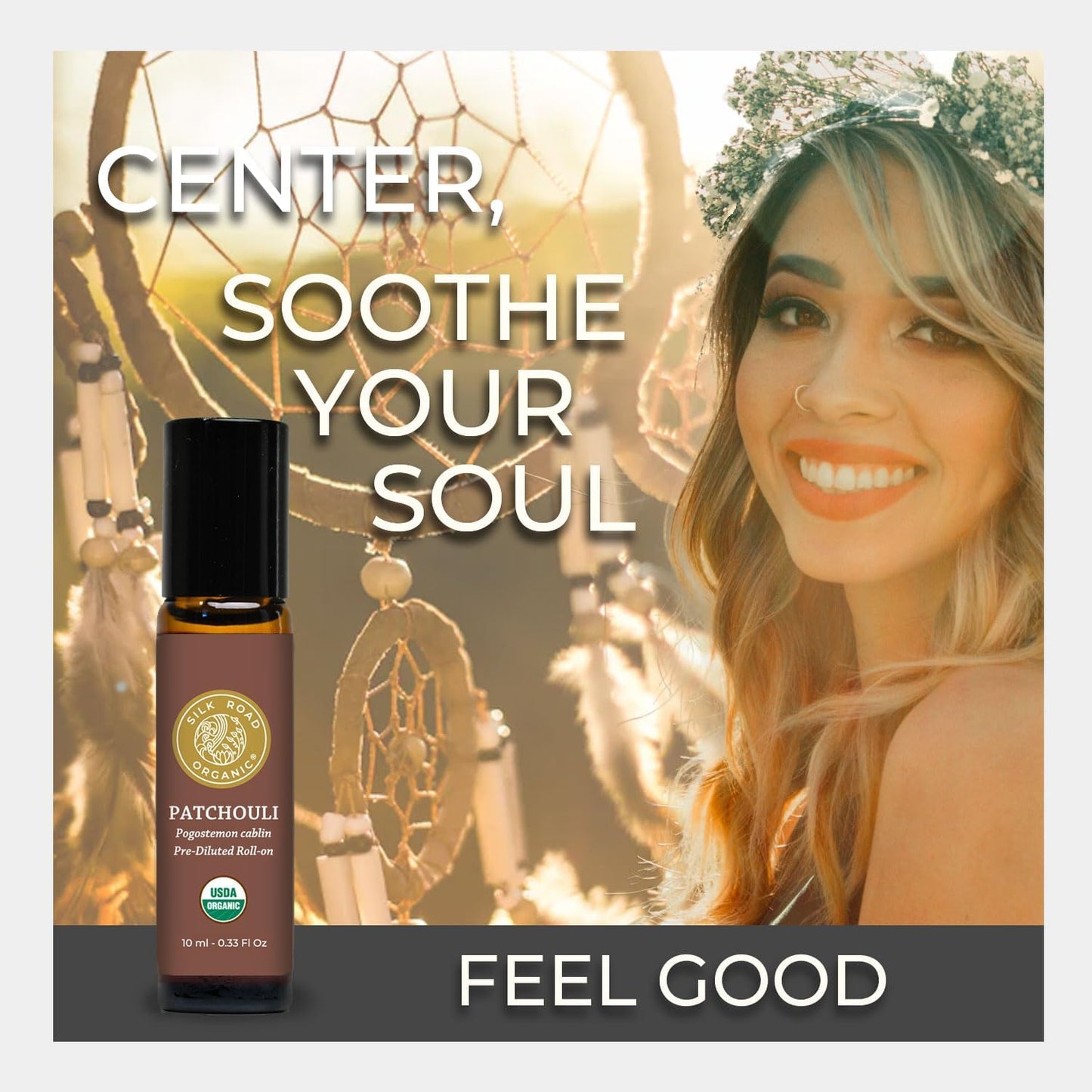 Silk Road Organic Patchouli Essential Oil Roll On, 100% Pure USDA Certified Aromatherapy - Uplift Mood, Enhance Attraction, Rejuvenate & Nourish Skin - 10 ml Roller