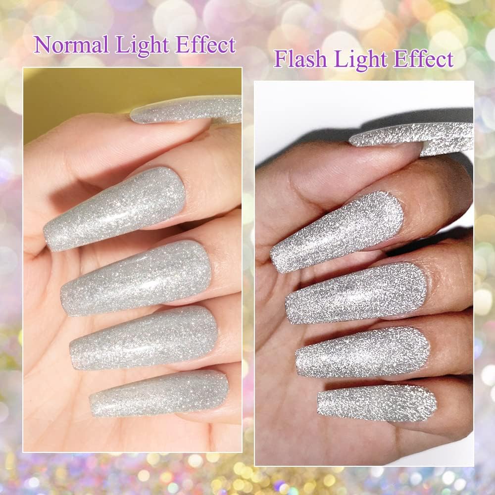 MIZHSE Glitter Gel Nail Polish, 2 In 1 Reflective & Rubber Base Gel Polish 10ml, Sparkly Shimmery Effect Nude Pink Silve Purple Colors Soak Off Nail Art Manicure Home Salon Gift for Women
