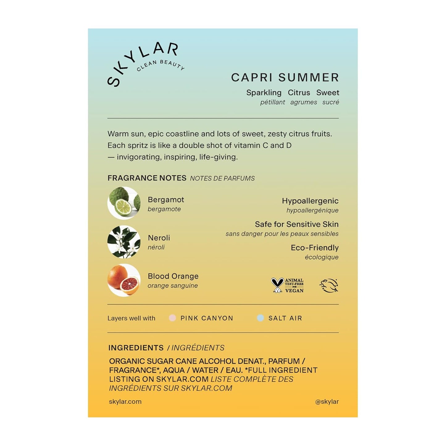 Skylar Capri Summer Eau de Parfum - Hypoallergenic & Clean Perfume for Women & Men, Vegan & Safe for Sensitive Skin - Fruity Citrus Perfume, Bergamot, Neroli & Blood Orange - 50mL /1.7 Fl oz