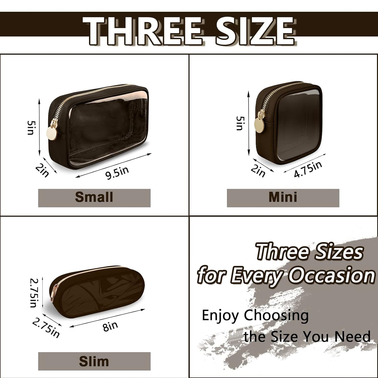 Clear Small Makeup Bag with Zipper, Nylon&PVC Cosmetic Travel Bag Preppy TSA Approved Toiletry Bag for Women Girls, Transparent Waterproof Makeup Pouches Cute Travel Bag for Purse(Small-Chocolate)